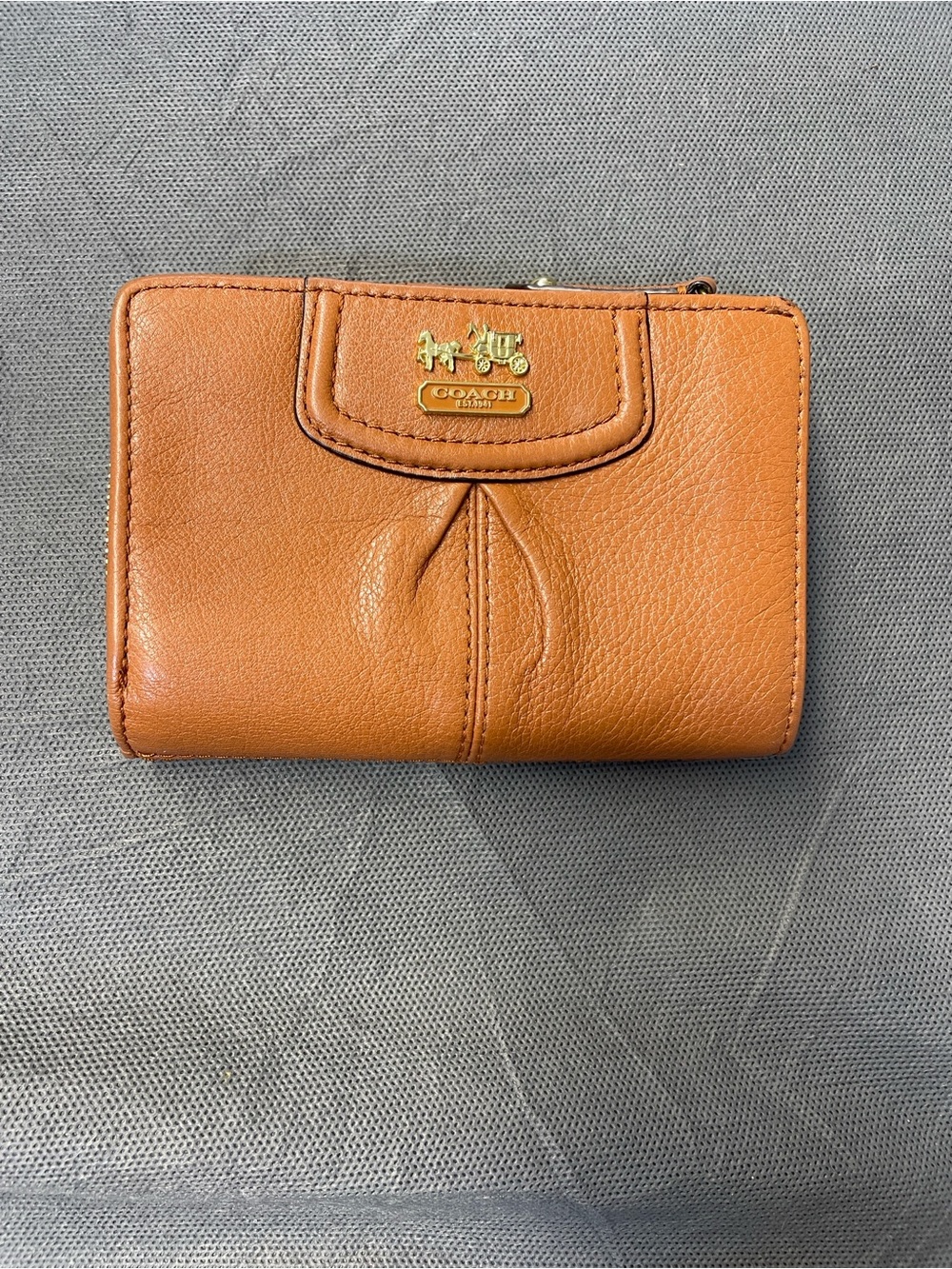 Coach Caramel Brown Leather Small Zip Wallet with Signature Plaque